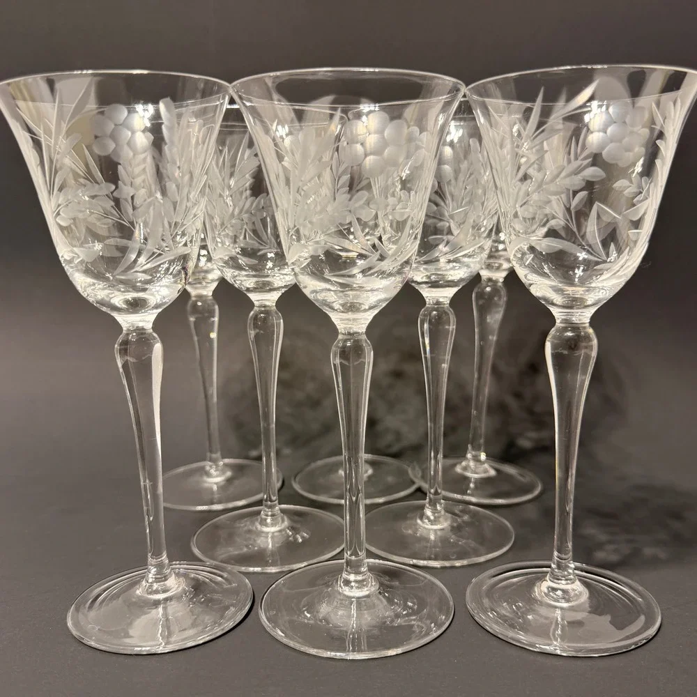 Vintage Etched Crystal Cordial Sherry Glasses Floral Leaf Long Stem Set of 8